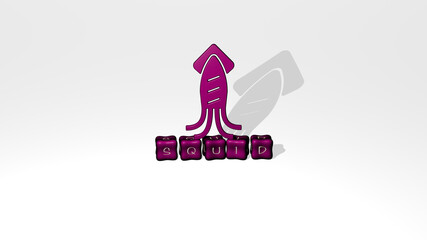 SQUID 3D icon object on text of cubic letters. 3D illustration. background and seafood
