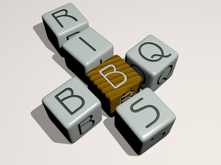 BBQ RIBS crossword by cubic dice letters. 3D illustration. barbecue and background