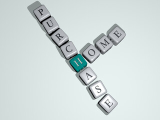 HOME PURCHASE crossword by cubic dice letters. 3D illustration. background and house