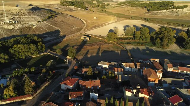 Wamba, village of Valladolid with monastery. Spain. Aerial Drone Footage