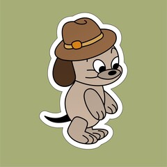 Stickers of Brown Dog Standing While Wearing a Hat Cartoon, Cute Funny Character, Flat Design