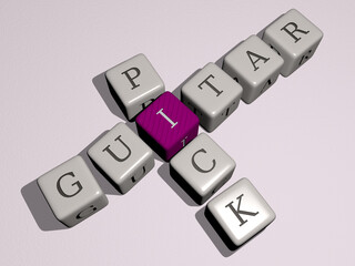 guitar pick crossword by cubic dice letters. 3D illustration. background and acoustic