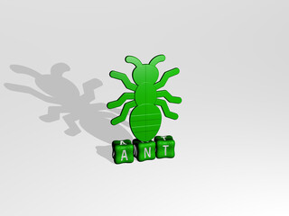 ant 3D icon on cubic text. 3D illustration. background and animal