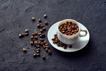 Roasted whole coffee beans in a white porcelain cup on a saucer on a gray background