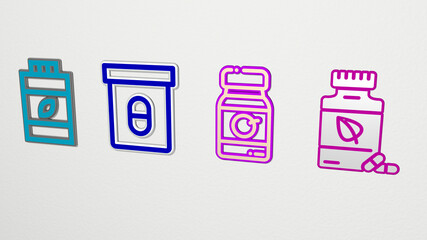 VITAMINS 4 icons set. 3D illustration. background and food