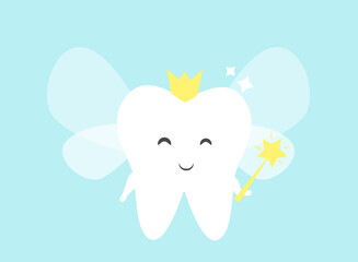 Cute tooth fairy vector. Tooth wearing crown and holding a magic star wand.