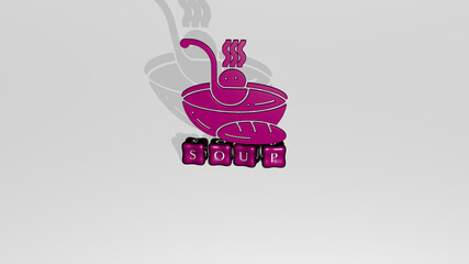 soup 3D icon object on text of cubic letters. 3D illustration. bowl and food