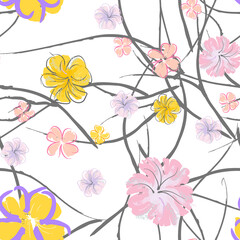 Pink Flowers Blooming Pattern. Pastel Watercolor.