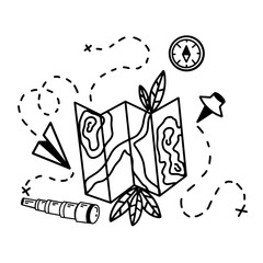 Road map, telescope, paper airplane, compass and other elements. The concept of travel. Vector illustration in the Doodle style.