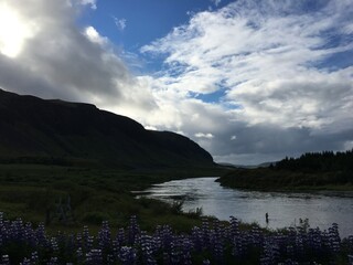 Landscape view of river bend through floral mountain fields