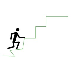 Sketch stick man climbs up a steep staircase. Businessman. Way to success.