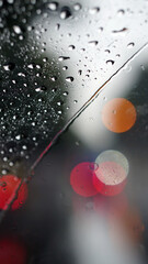 Bokeh in the rain. Water drops on the glass against a bokeh light background