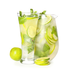 Glassware of fresh mojito on white background