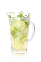 Jug of fresh mojito on white background