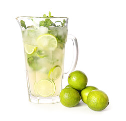 Jug of fresh mojito on white background