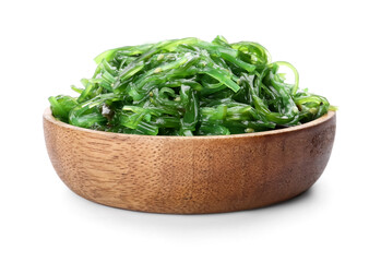 Bowl with tasty seaweed salad on white background