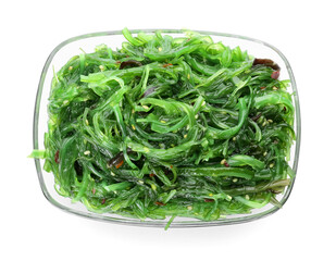 Bowl with tasty seaweed salad on white background