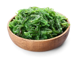 Bowl with tasty seaweed salad on white background
