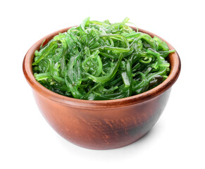 Bowl with tasty seaweed salad on white background