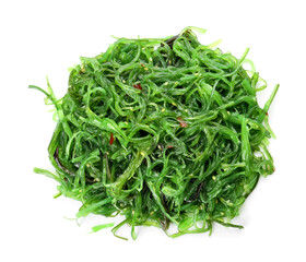 Tasty seaweed salad on white background