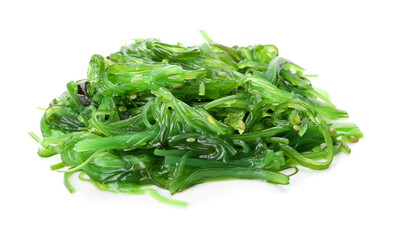 Tasty seaweed salad on white background