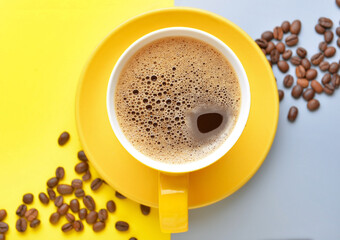 Cup of hot coffee and beans on color background