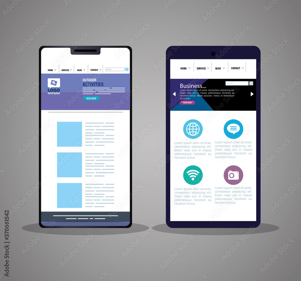 Sticker mockup responsive web, concept website development in different smartphones vector illustration desi