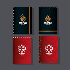 corporate identity brand mockup, notebooks of red and black mockup with white sign vector illustration design