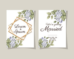 two wedding invitations with gold frames flowers and leaves on gray background design, Save the date and engagement theme Vector illustration