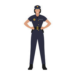 Mujer policía. Seguridad y protección para la ciudad o país. Profesional. Ilustración vectorial estilo plano. Piel oscura