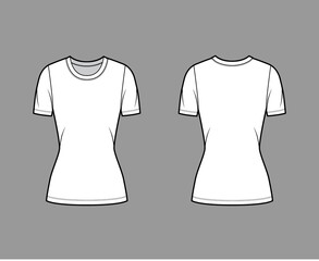 Crew neck jersey t-shirt technical fashion illustration with short sleeves, close-fitting shape, tunic length. Flat sweater apparel template front, back white color. Women, men, unisex outfit top CAD