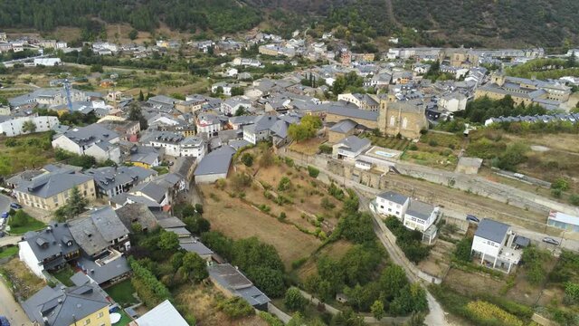 Villafranca del Bierzo, village in El Camino de Santiago. Leon Galicia,Spain. Aerial Drone Footage