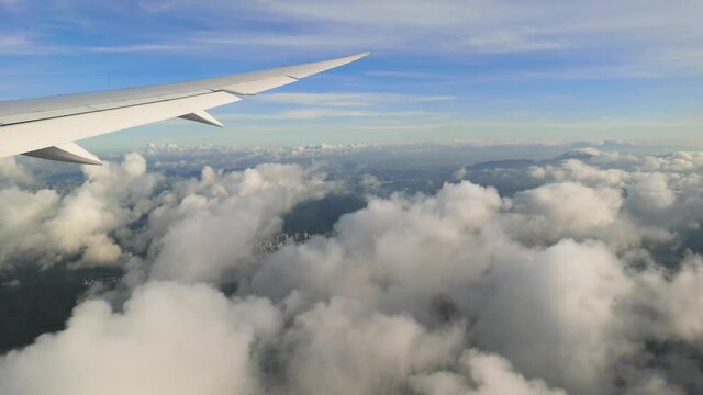 aerial view through an airplane window on sunrise