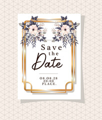 save the date text in gold frame with flowers and leaves design, Wedding invitation and engagement theme Vector illustration