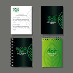 corporate identity brand mockup, notebooks with brochure green mockup, green company sign vector illustration design