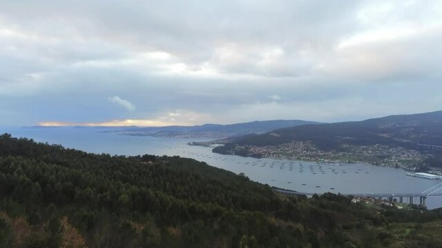 Vigo. Panoramic view of Ria of Vigo. Pontevedra. Galicia,Spain. Aerial Drone Footage