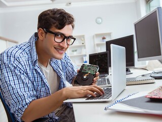 Technician with broken hard drive