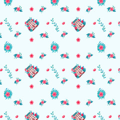 Blue and pink watercolor seamless pattern. Bouquet illustrations pattern. House and flowers. 