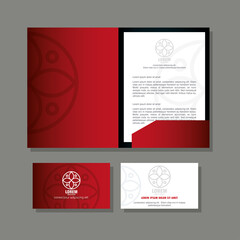 corporate identity brand mockup, brochure and business cards of red mockup with white sign vector illustration design