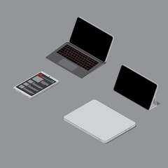 Tablet notebook smartphone all 4 portable computers on a dark gray background