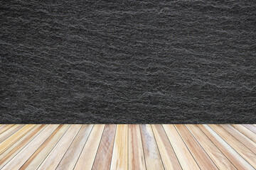 Wooden floor on black concrete background.
