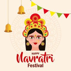 happy navratri celebration poster, maa durga with decoration hanging vector illustration design