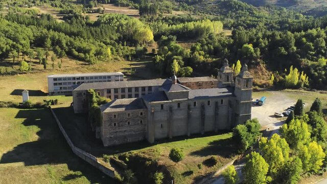 Monastery of Vega de Espinareda, village in El Bierzo. Leon,Spain. Aerial Drone Footage