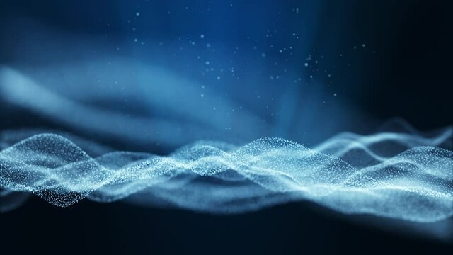 Dark blue abstract animation background with moving and flicker particles form. Backdrop of bokeh light ray effect.
