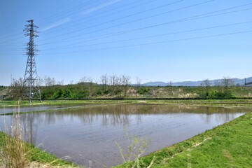 Obraz premium 山形新幹線車窓 米沢～置賜間 田園風景