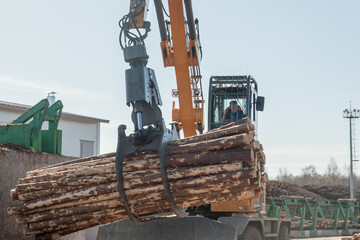 Fototapeta premium Claw of an industrial loader of logs at a sawmill