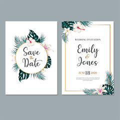 Fototapeta na wymiar Wedding Invitation Card template, with leaf & floral background