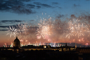 Holiday fireworks in Saint Petersburg rooftops night cityscape