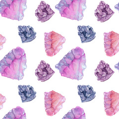 Seamless pattern with amethyst and rose quartz mineral watercolor drawing on white. A precious stone. Art creative purple and pink background for sticker, postcard, packaging, wallpaper, wrapping