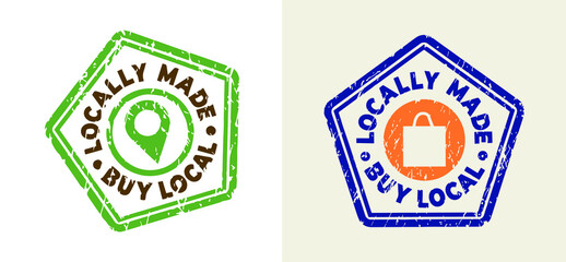 Locally made, buy local stamps in polygon shapes. Grunge texture. Vector illustrations.
